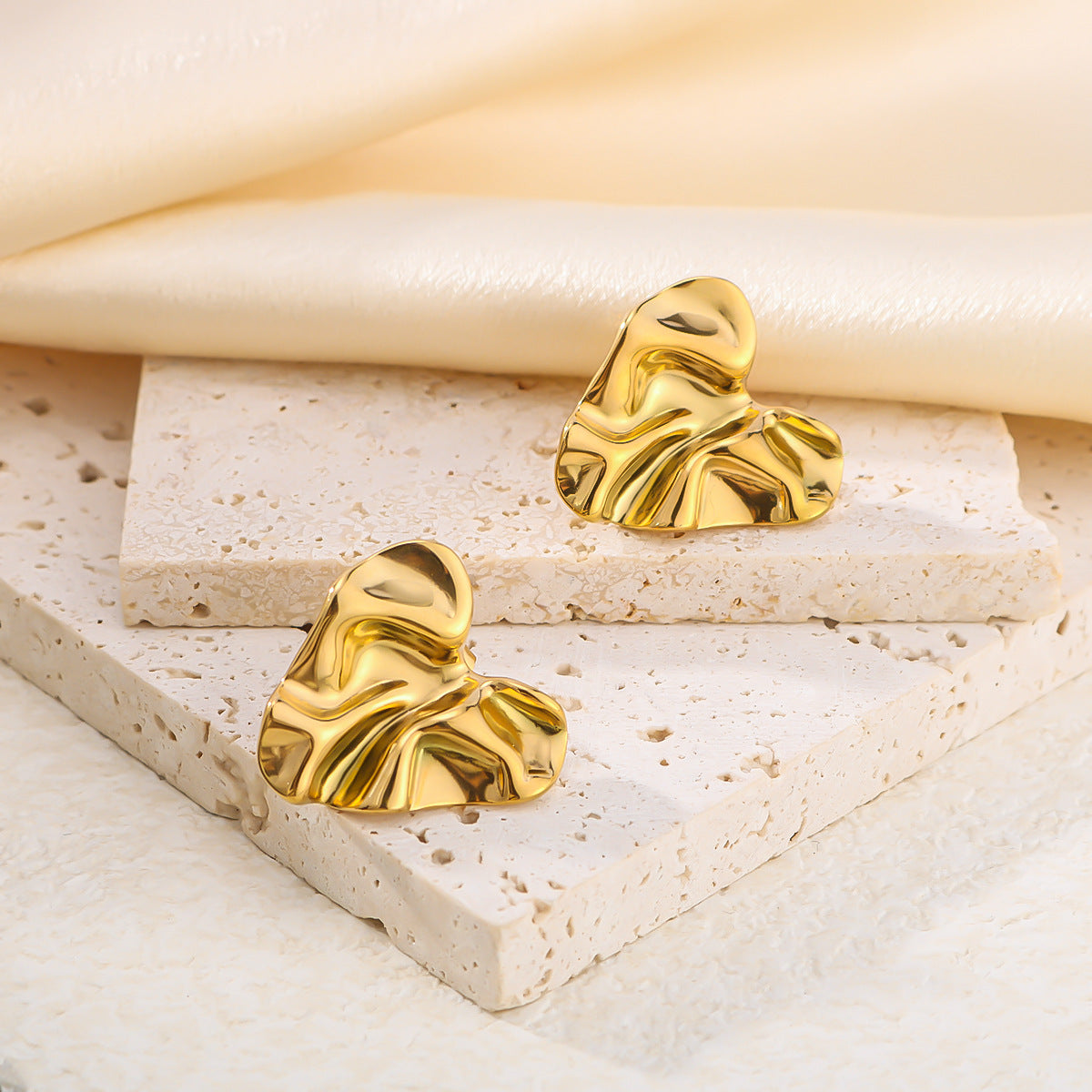 Minimalist Heart-Shaped Stainless Steel Earrings with 18K Gold Plating and Textured Folded Surface for Women