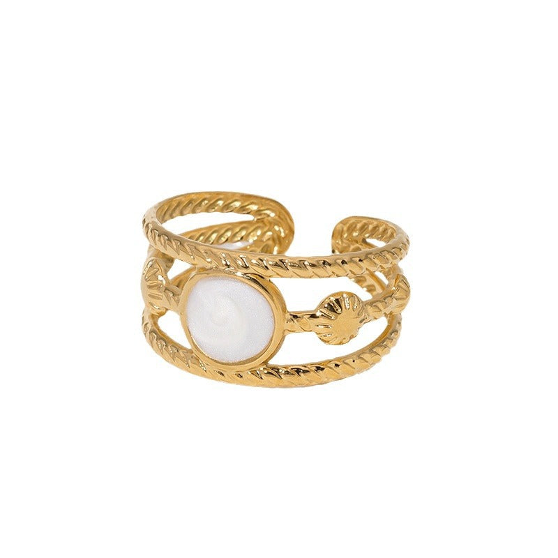 Vintage French-Style Titanium Steel Open Ring with Geometric Shape and Enamel Finish 18K Gold Plated Minimalist Women's Fashion Ring