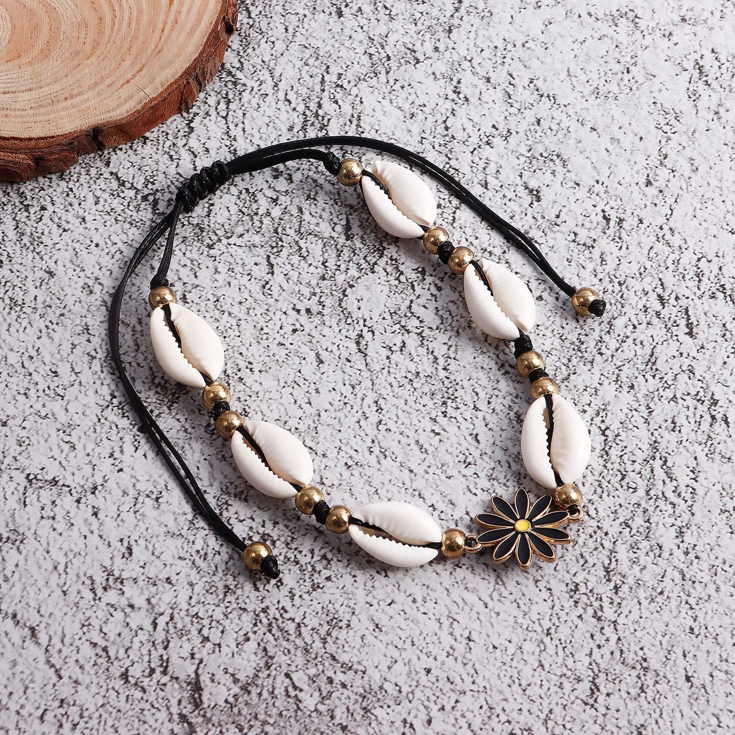 Bohemian-Inspired Adjustable Shell Anklet with Enamel Floral Design for Women