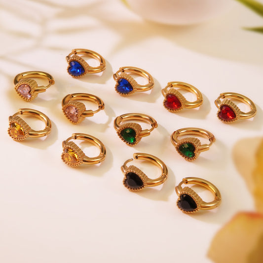 Pendientes de aro de acero inoxidable chapado en oro de 18 quilates, diseño de corazón redondo con circonita cúbica incrustada, estilo vintage