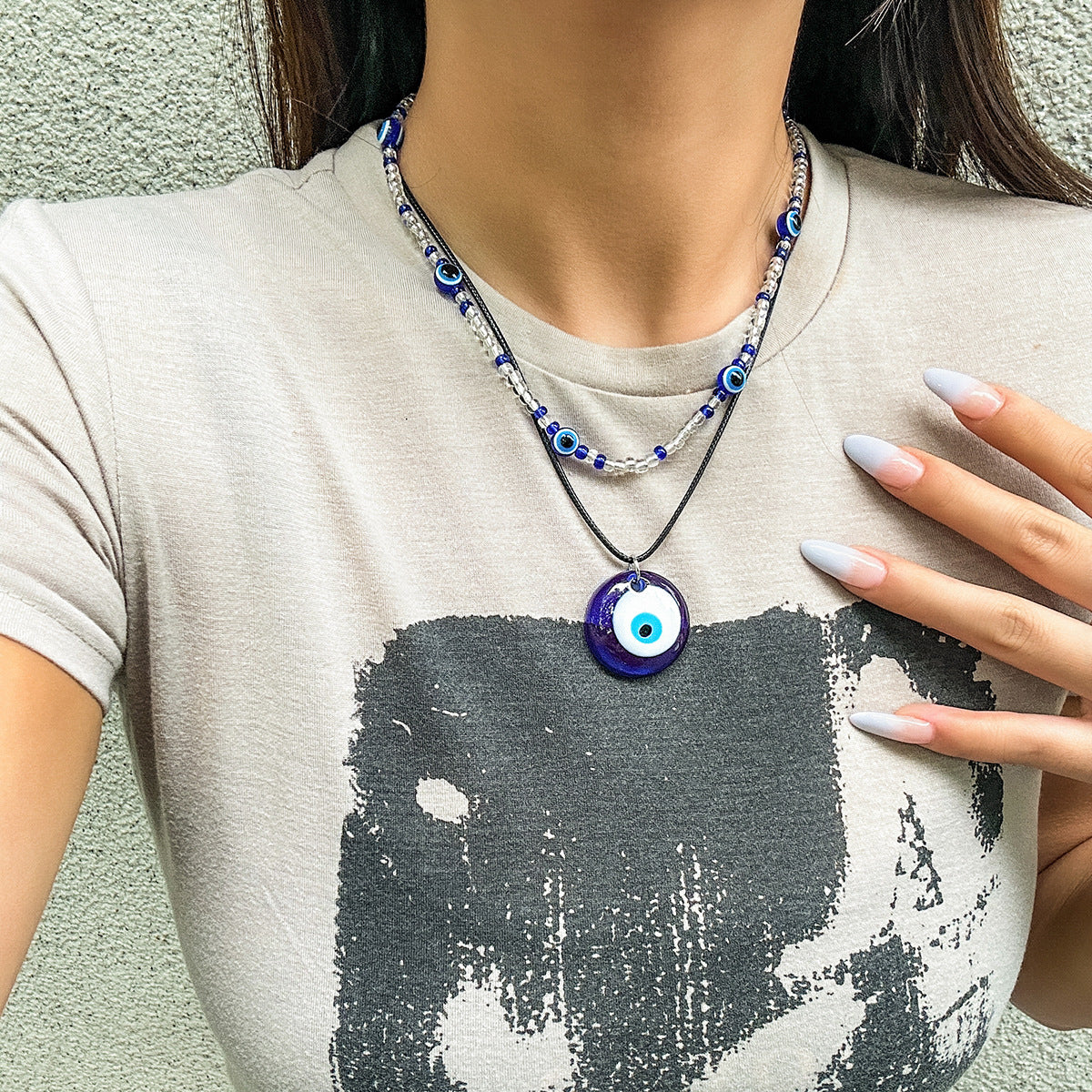 Collana a clavicola con ciondolo a occhio in perline vintage da donna con perline in resina, forma geometrica e nappe