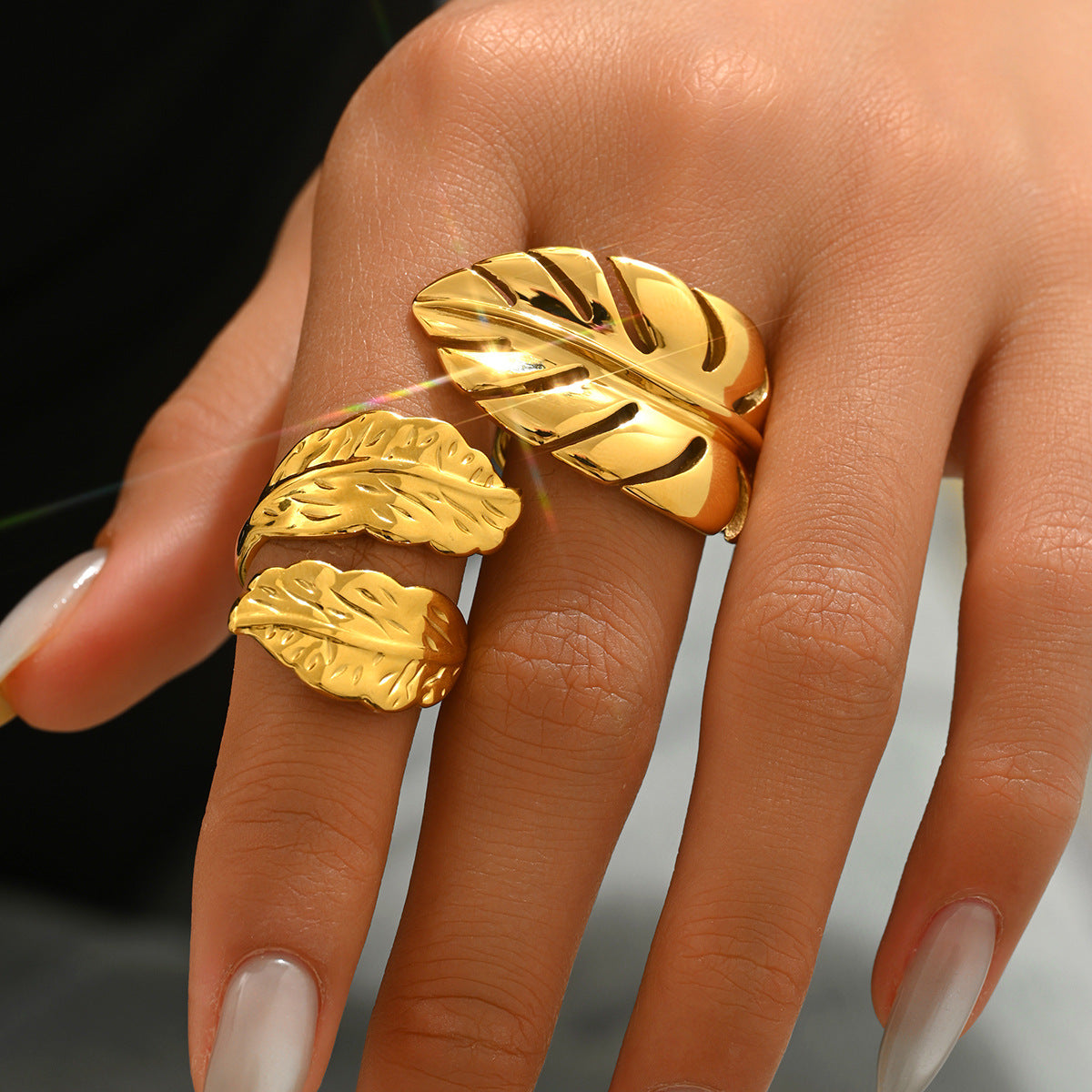 Juego de Anillos Abiertos Ajustables Diseño Hoja de Moda Bañado en Oro 18K Cobre Joyería Geométrica para Mujer