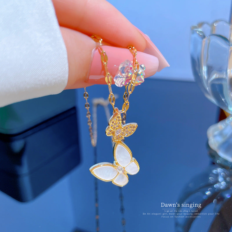 Luxury Titanium Steel Butterfly Pendant Necklace for Women with Micro-Pavé Gold Accents, Delicate Clavicle Chain