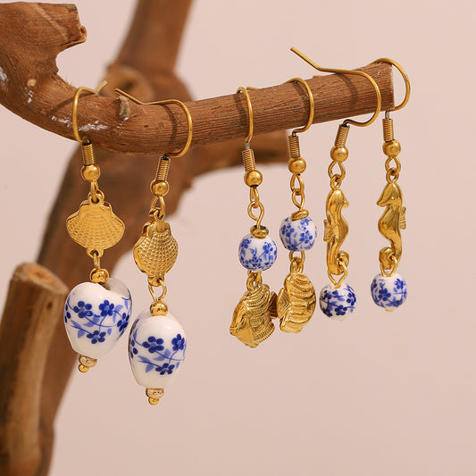 Vintage Style Fish-Shaped Stainless Steel Earrings with 18K Gold Plating and Abalone Inlay for Women