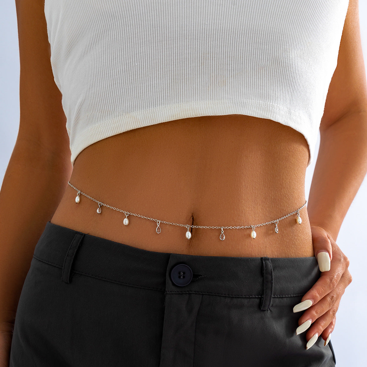 Minimalist Faux Pearl Tassel Metal Body Chain for Women