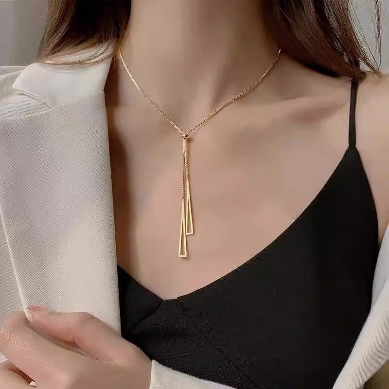 Geometric Triangle Pendant Titanium Steel Plated Long Sweater Chain with Tassel Detail for Women