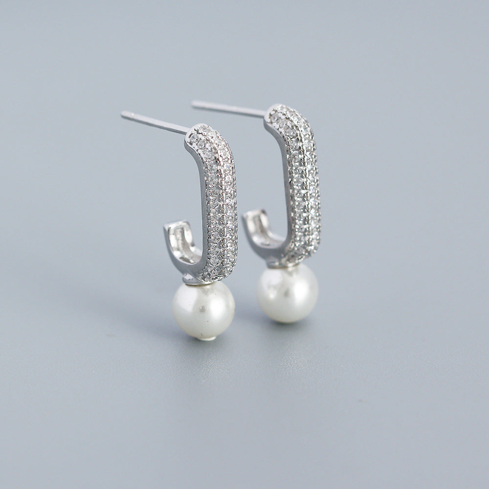 Minimalist Geometric Pearl Stud Earrings in Sterling Silver with Rhinestone Inlay for Women