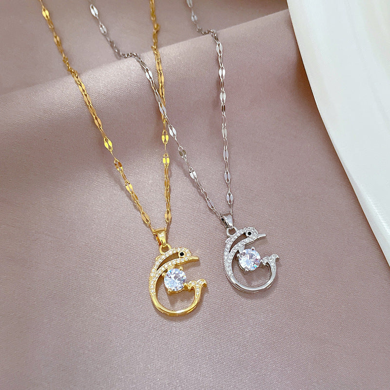 Elegant Dolphin Pendant Necklace for Women Stainless Steel Chain with Rhinestone Inlay Geometric Design Minimalist Style