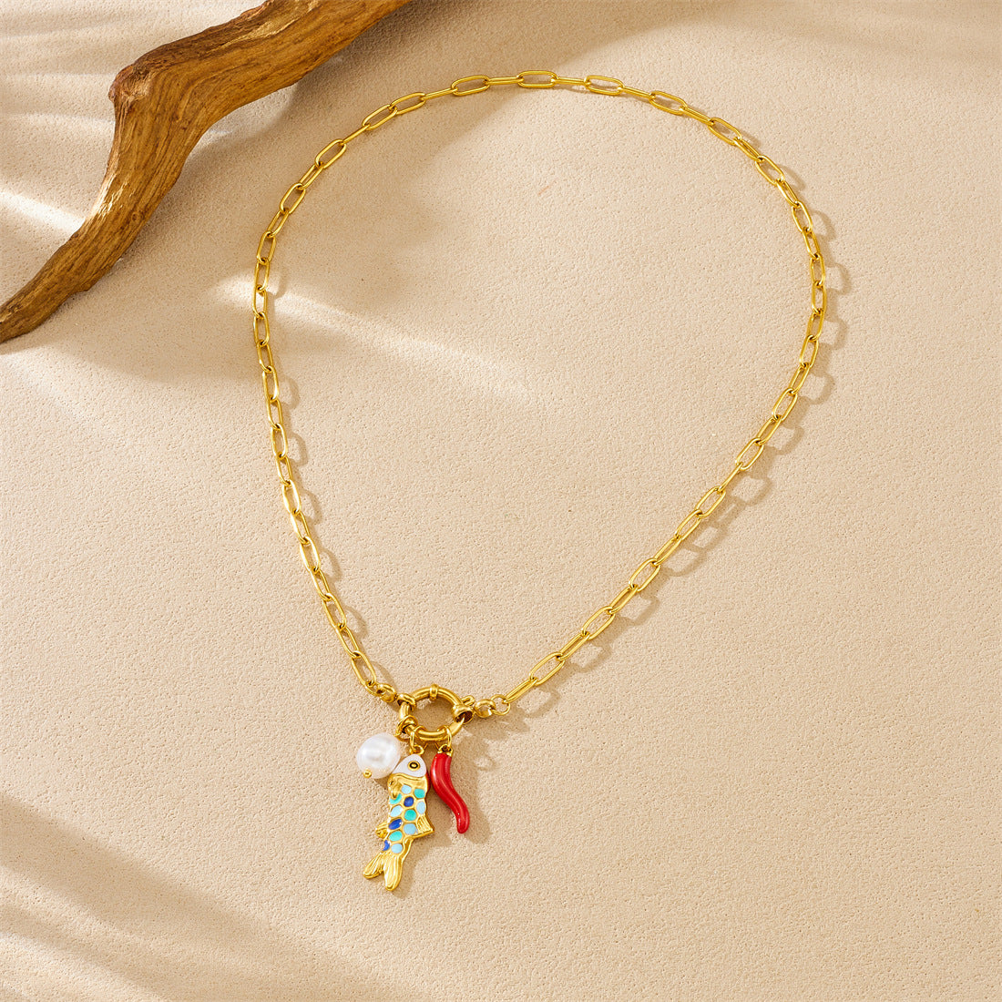 Colorful Drip Oil Fish Pendant with Imitation Pearl Stainless Steel Curb Chain Necklace for Women