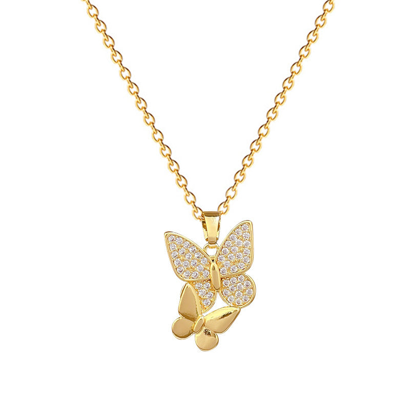 Sweet Minimalist Butterfly Cubic Zirconia Brass Pendant Titanium Steel Necklace for Unisex