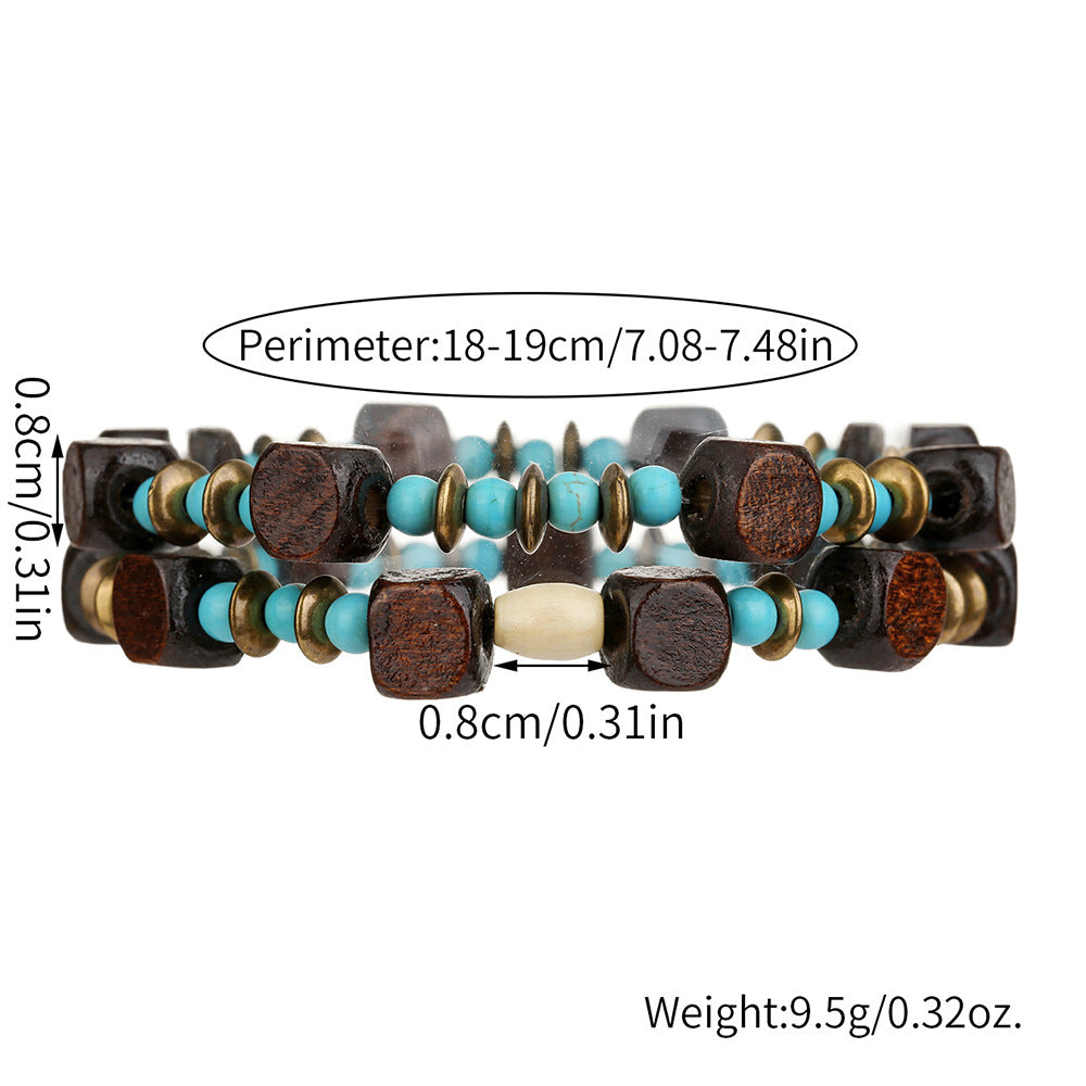 Vintage Round Wood Beaded Bracelet with Turquoise Inlay Unisex Multi-Layer Set