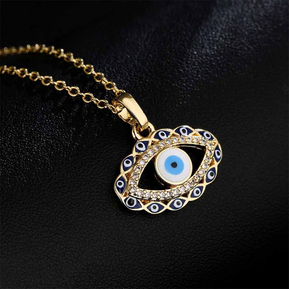 Minimalist Geometric Evil Eye Pendant Necklace for Women with Copper Base Plated in 18K Gold and Enamel-Finished Zirconia