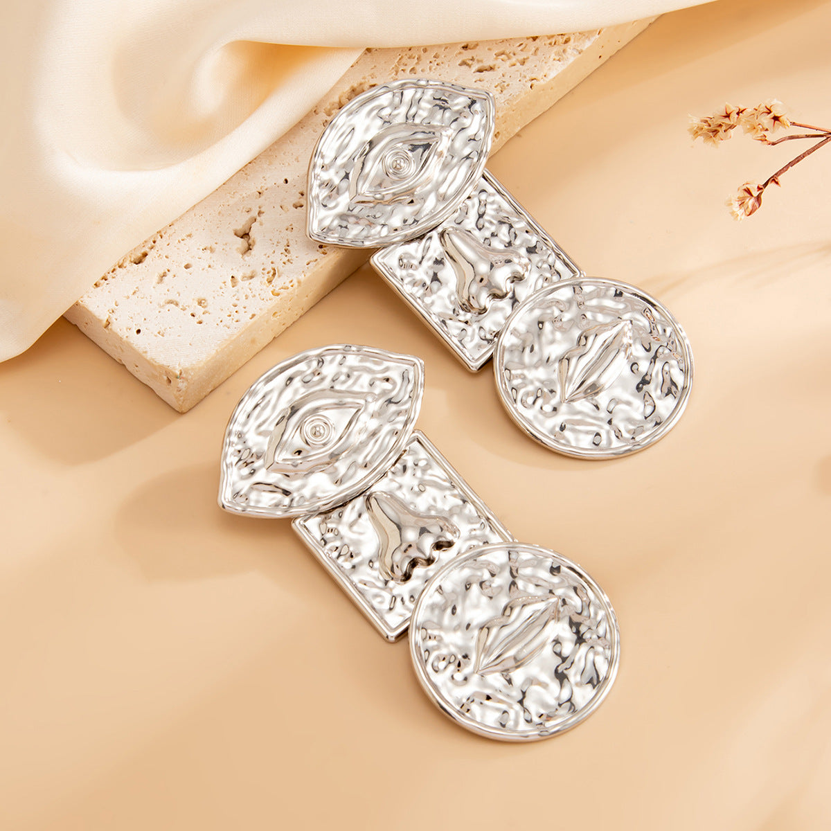 Vintage Geometric Square Oval Hammered Iron Plated Earrings for Women
