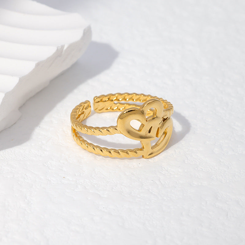 Anello Aperto Regolabile Minimalista e Carino in Acciaio Inossidabile Placcato Oro 18K a Forma di Croce e Cuore da Donna