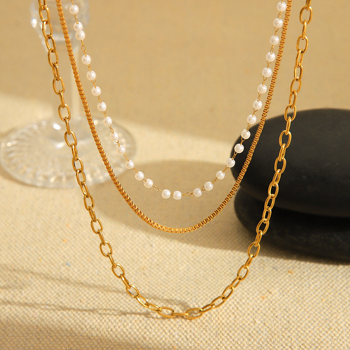 Trendy Geometric 18K Gold Plated Stainless Steel Triple Layer Pearl Necklace for Women