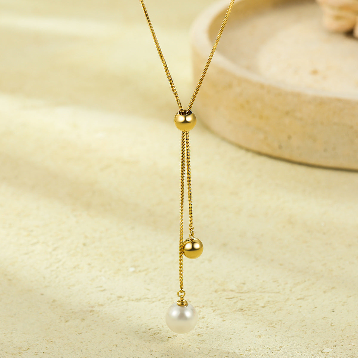 Collana Lunga Regolabile in Acciaio Inossidabile con Perle e Design Geometrico, Stile OL, alla Moda per Donna