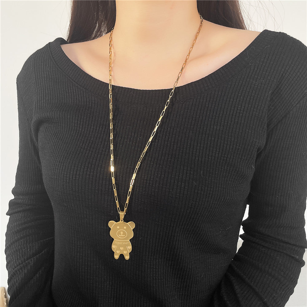 Fashion Casual Bear Animal Titanium Steel Plated Alloy Pendant Box Chain Necklace for Women