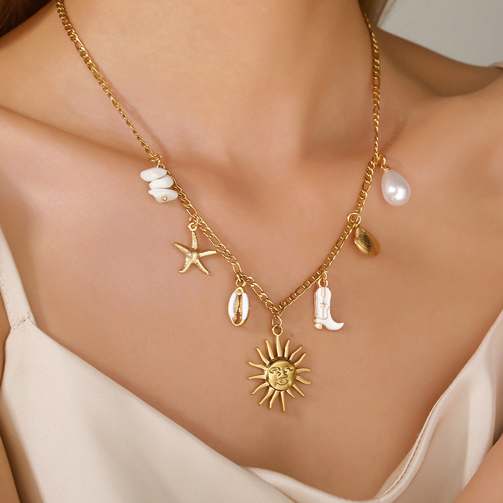 Ocean Style Geometric Star Shell Pendant Stainless Steel Cable Chain Necklace for Unisex