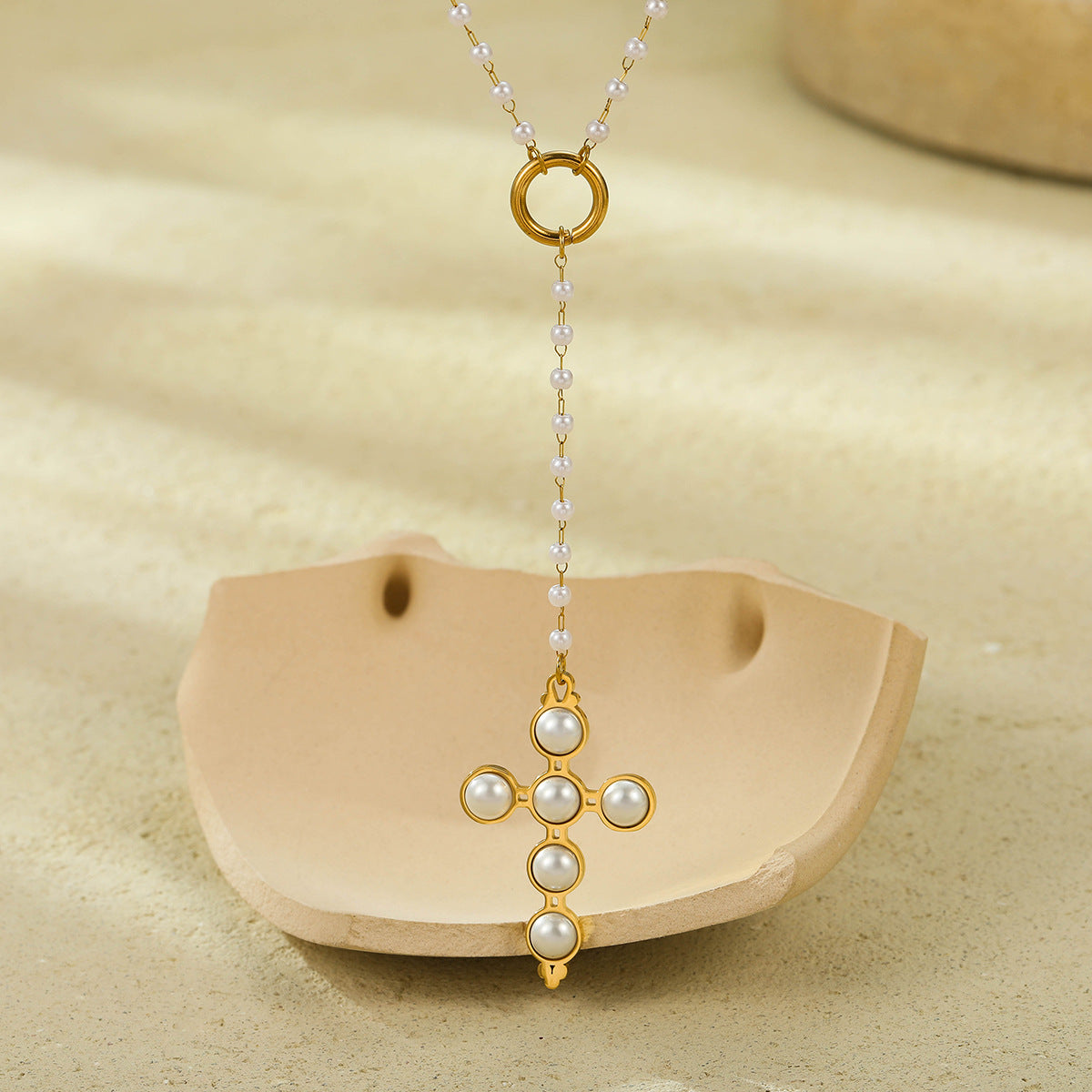 Collar Pendiente Cruz Ajustable Inspirado en lo Vintage para Mujer Acero Inoxidable con Incrustaciones de Perlas Estilo Oficina Elegante Cadena para Clavícula