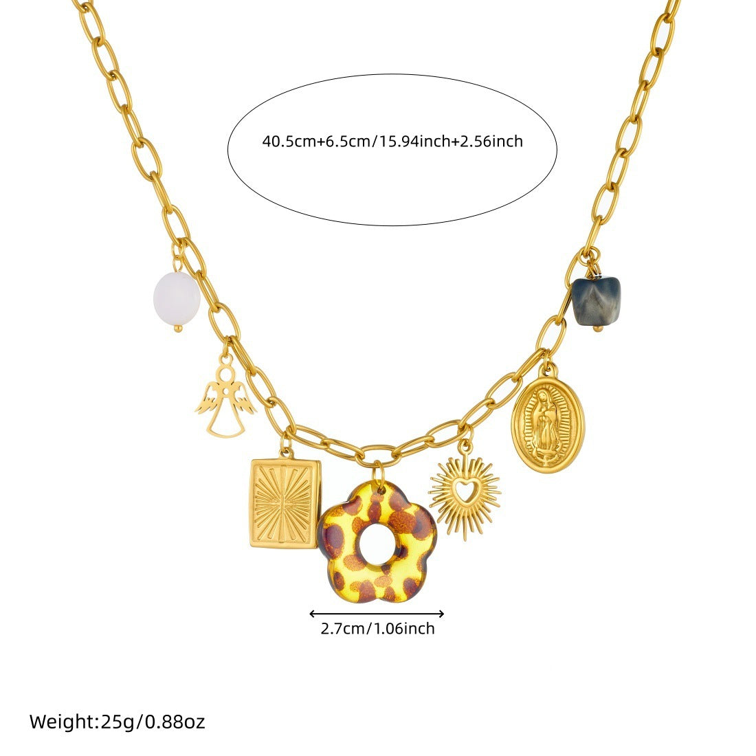 Vintage Gold Plated Stainless Steel Floral Square Oval Leopard Print Pendant Necklace