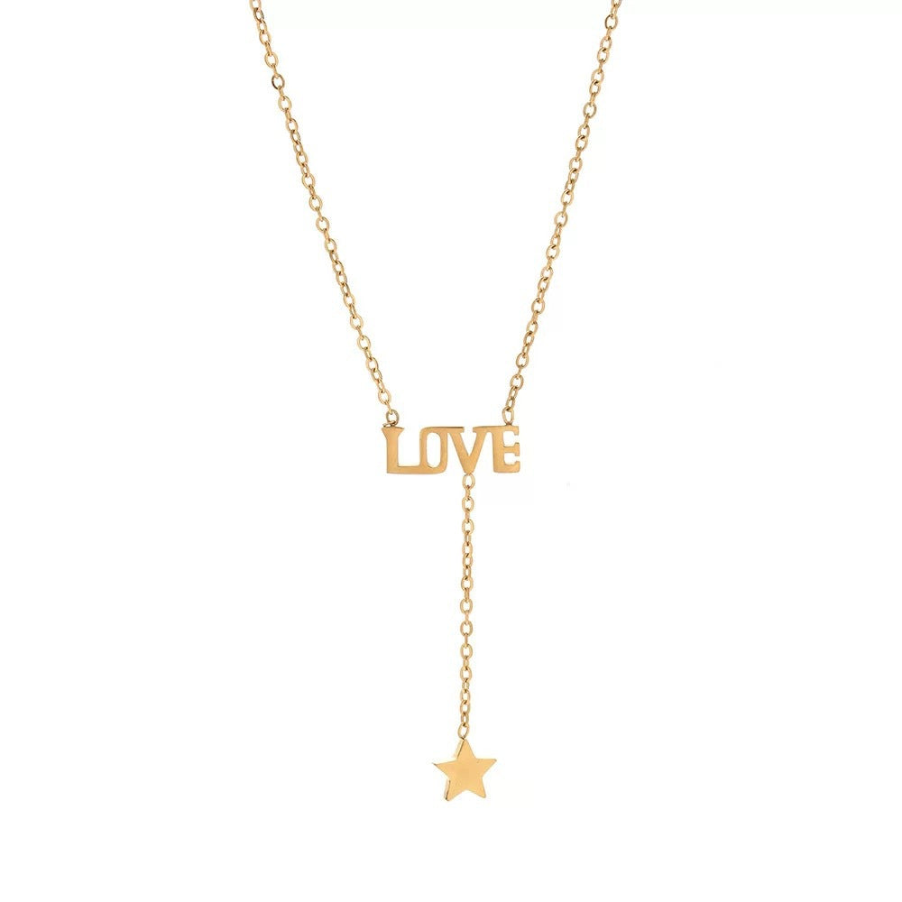 Minimalist Love Letter Pendant Necklace with Star Charm in Titanium Steel for Women