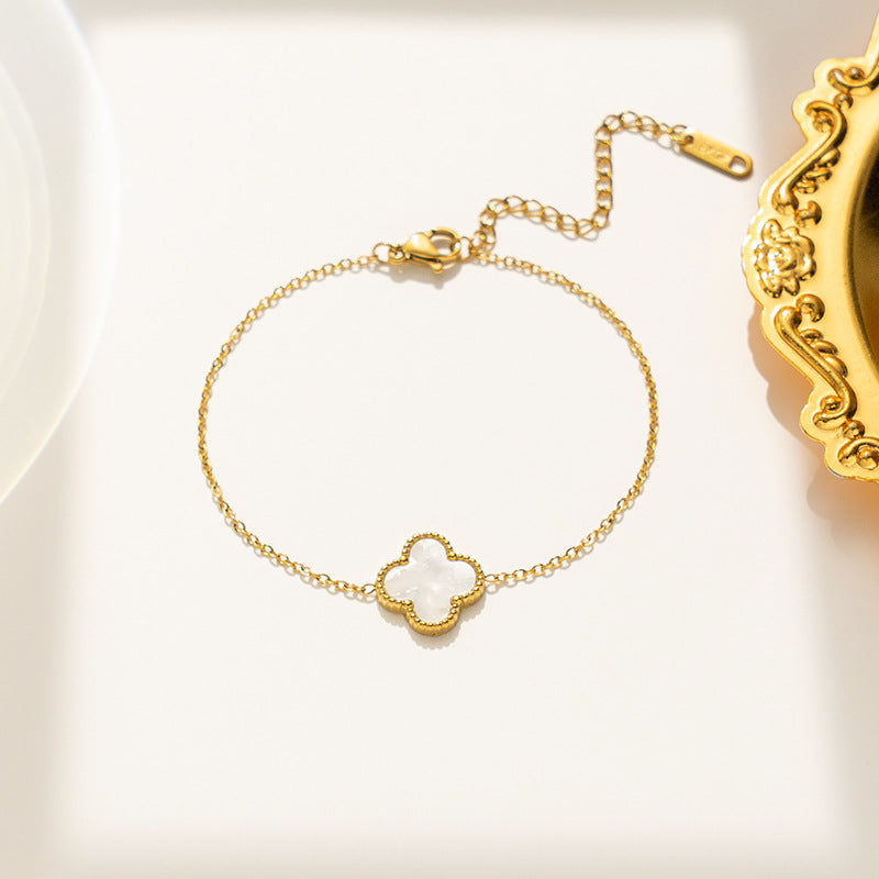 Minimalist Four-Leaf Clover Bracelet in Titanium Steel with Electroplated Finish for Women and Unisex Wear