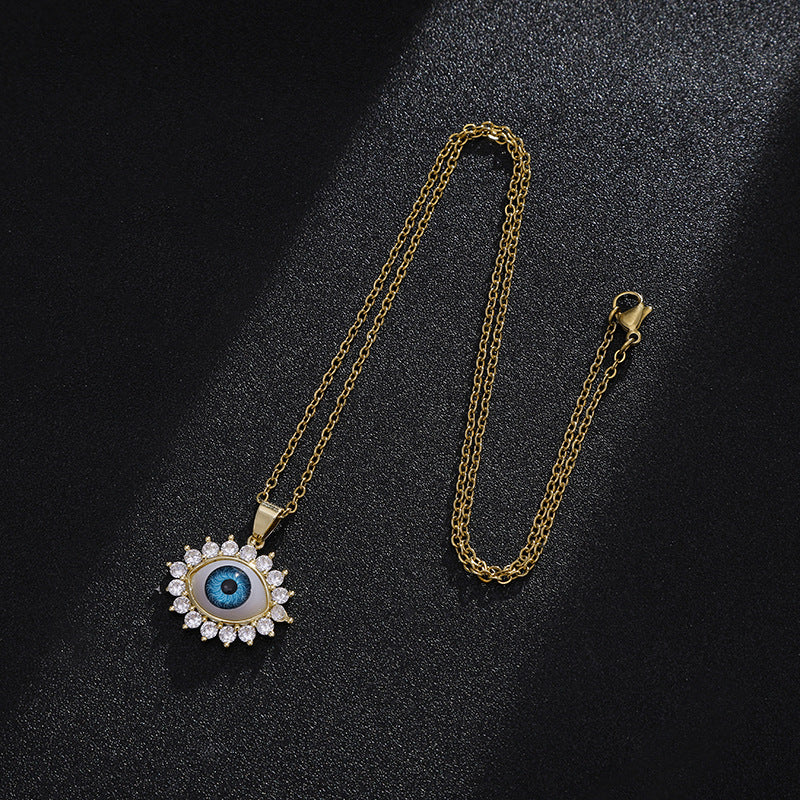 Collana vintage con occhio di Allah geometrico per uomo e donna in rame placcato oro su catena a maglie ovali