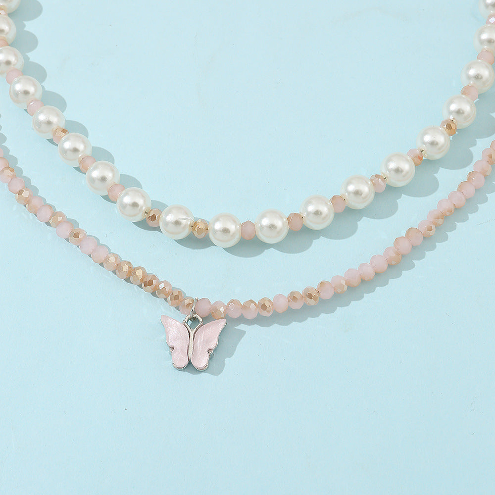 Conjunto de collar con colgante de mariposa minimalista para niñas con cuentas de cristal en cadena de bolas, joyería infantil estilo princesa dulce y linda