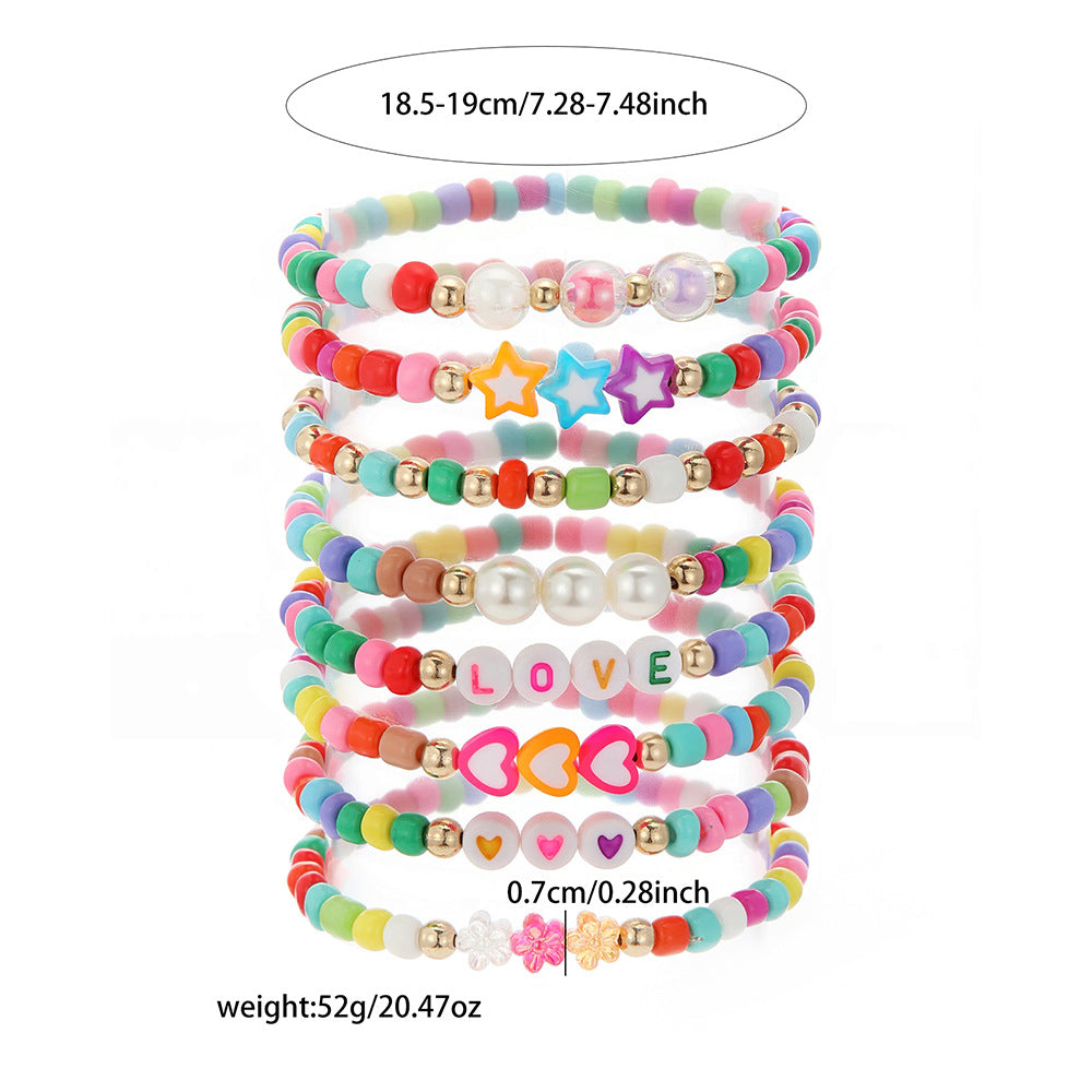 Sweet Minimalist Candy Color Heart Flower Glass Beaded Bracelet with Letter Charm