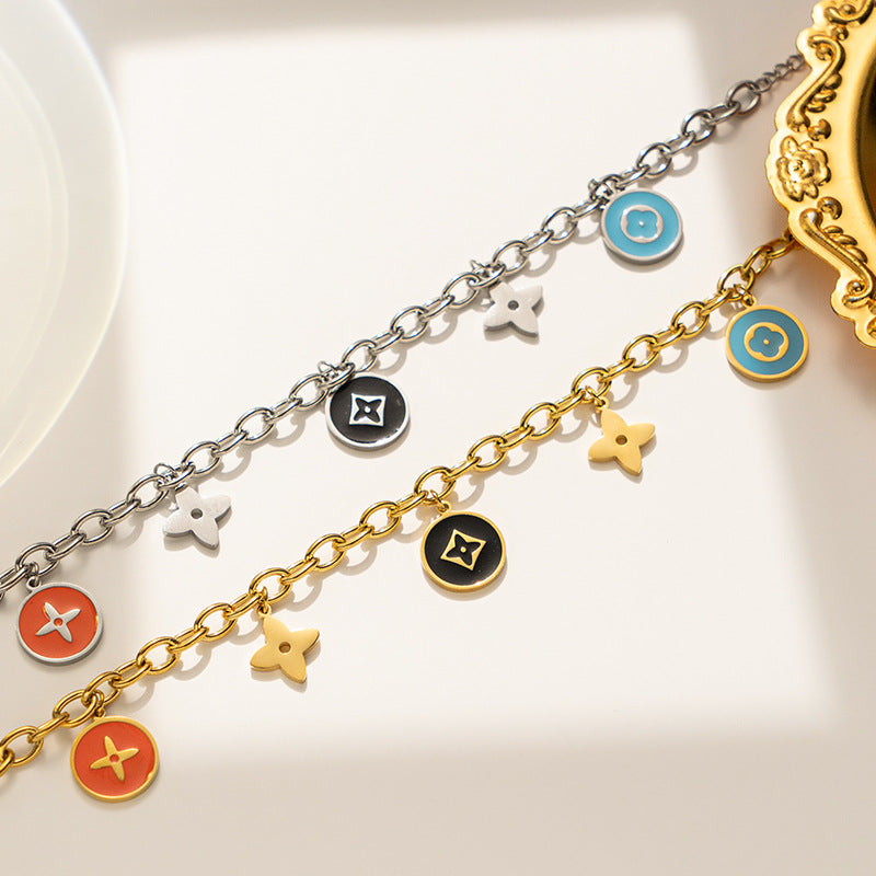 Luxury Four-Leaf Clover Titanium Steel Bracelet with Enamel Finish for Women