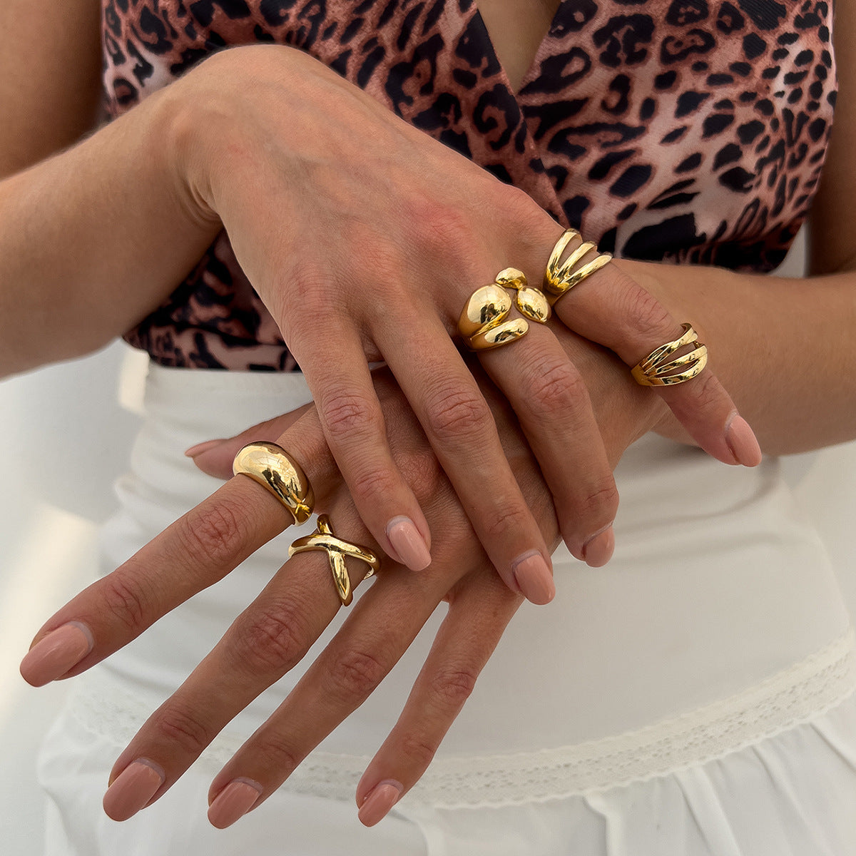 Geometric Plated Zinc Alloy Ring Set for Women