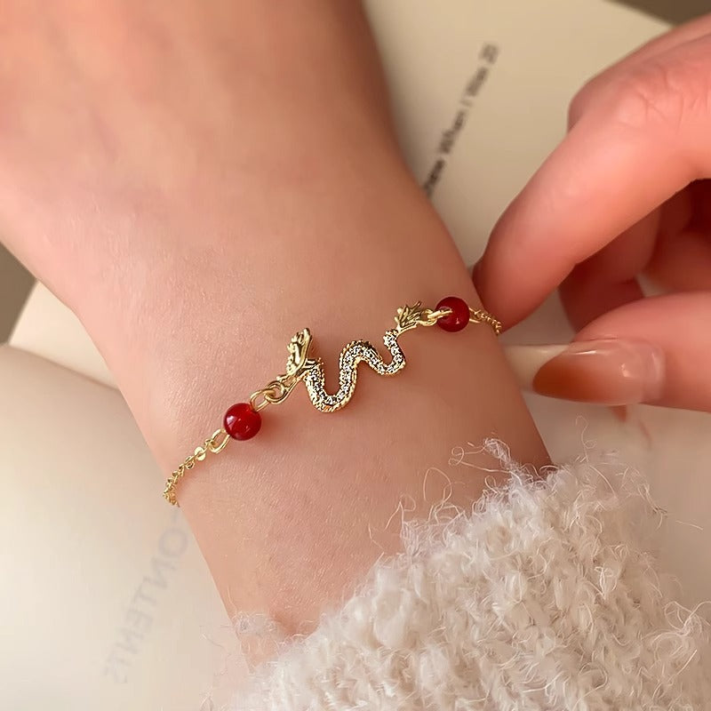 Original Design Leaf-Shaped Plated Brass Alloy Bracelet for Women and Men, Rhinestone-Embellished Zodiac Dragon Year 2024 Birthday Gift