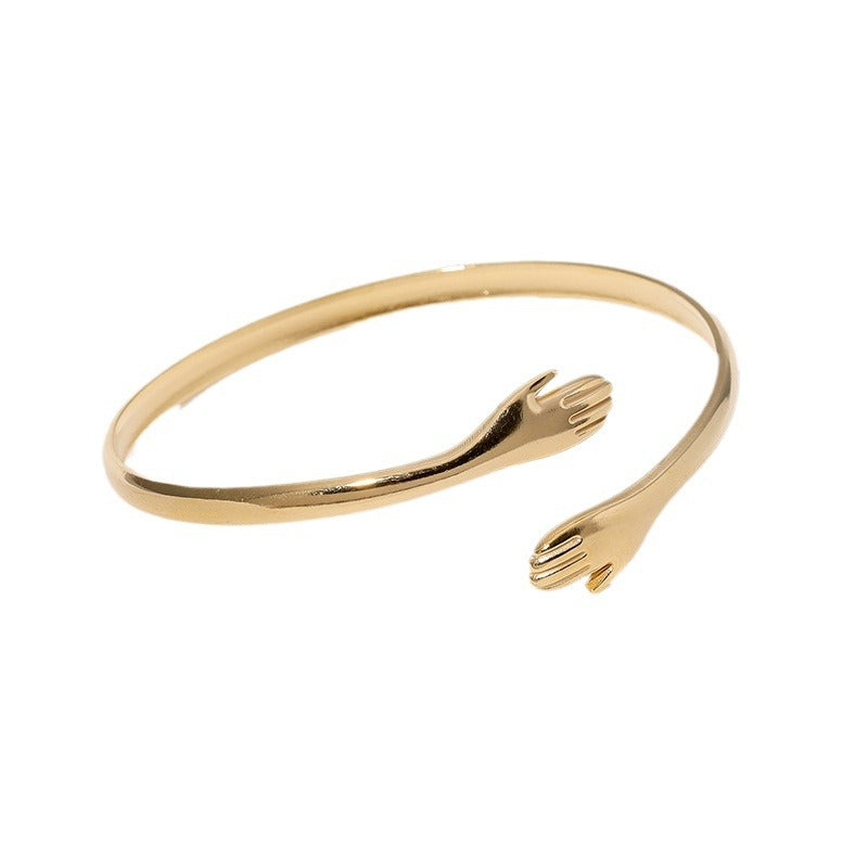 Minimalist Titanium Steel Open Bangle Bracelet with Palm Shape Design Electroplated Stainless Steel Jewelry for Women