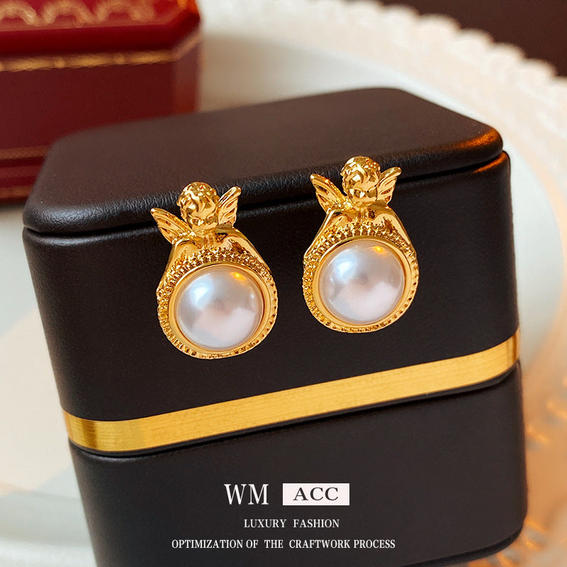 Vintage Angel Earrings for Women with Pearl Accents, Geometric Alloy Studs, Gold-Plated Stainless Steel Posts, Hypoallergenic and Fade-Resistant