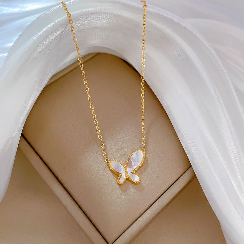 Minimalist Butterfly Pendant Necklace in Titanium Steel with Gold Plating for Women and Men