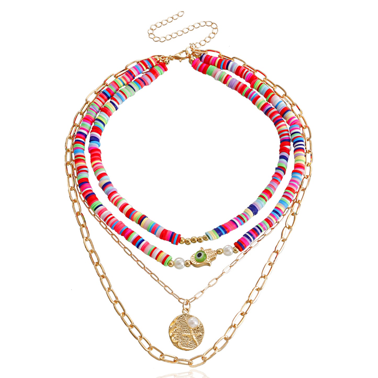 Bohemian Multilayer Polymer Clay Evil Eye Necklace for Women with Geometric Pendant, Alloy Chain, Electroplated Finish