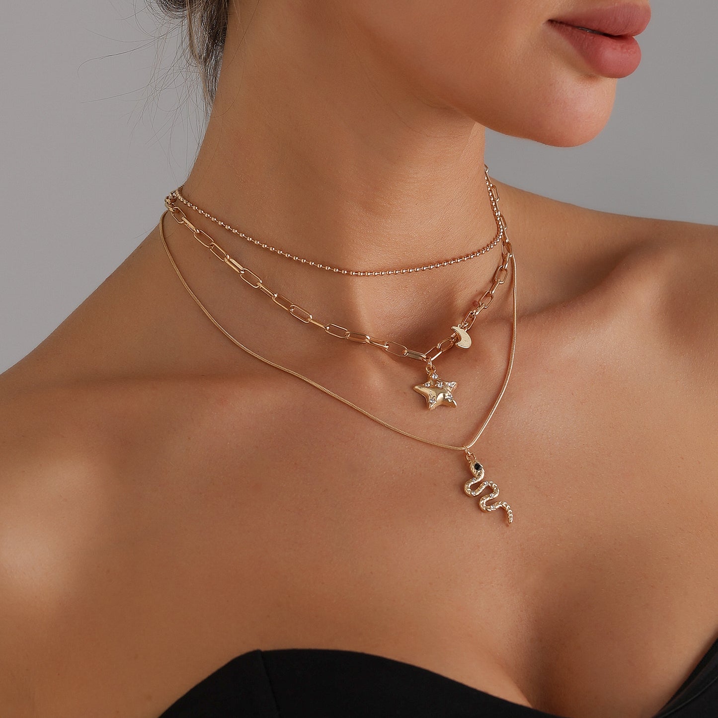 Vintage-Style Star and Moon Pendant Necklace with Rhinestone Inlay in Alloy, Snake Chain Design for Women