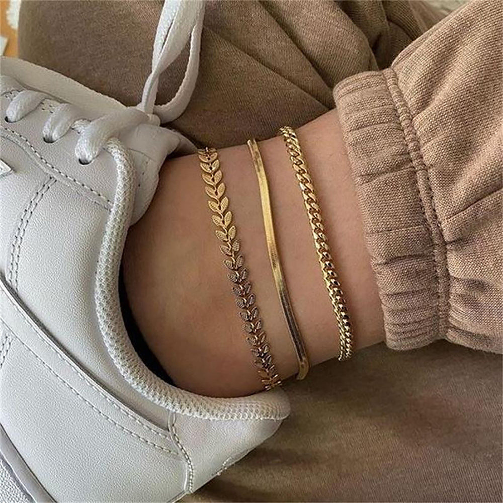 Minimalist Geometric Cross Anklet for Women in Titanium Steel with 18K Gold-Inlaid Gemstone Detail
