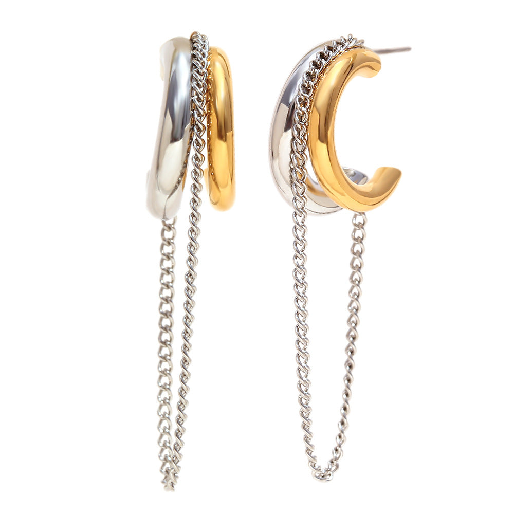 Minimalist Geometric Stainless Steel Earrings with 18K Gold Plating Dual-Tone Chain Design for Women