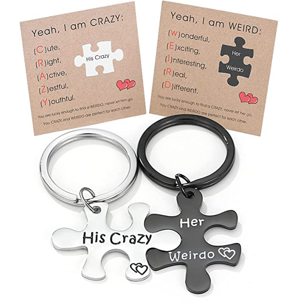 Minimalist Laser Letter Titanium Steel Puzzle Keychain Set for Couples