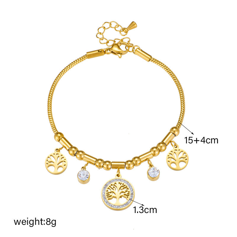Pulsera vintage de acero inoxidable para mujer con colgante geométrico del Árbol de la Vida y detalles de pedrería