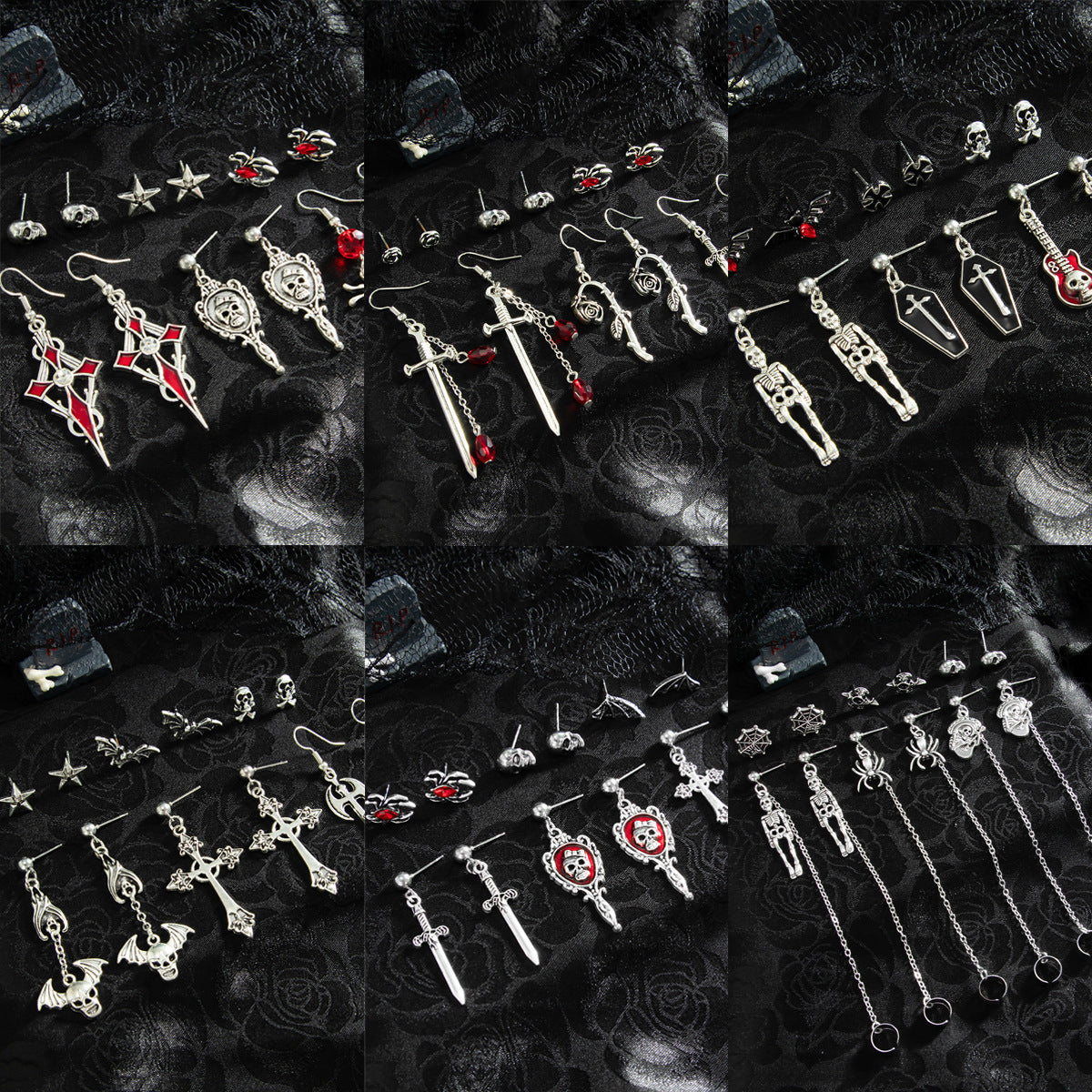 Vintage Alloy Plated Animal Shape Crystal Tassel Earrings Set with Bat and Rose Design for Women