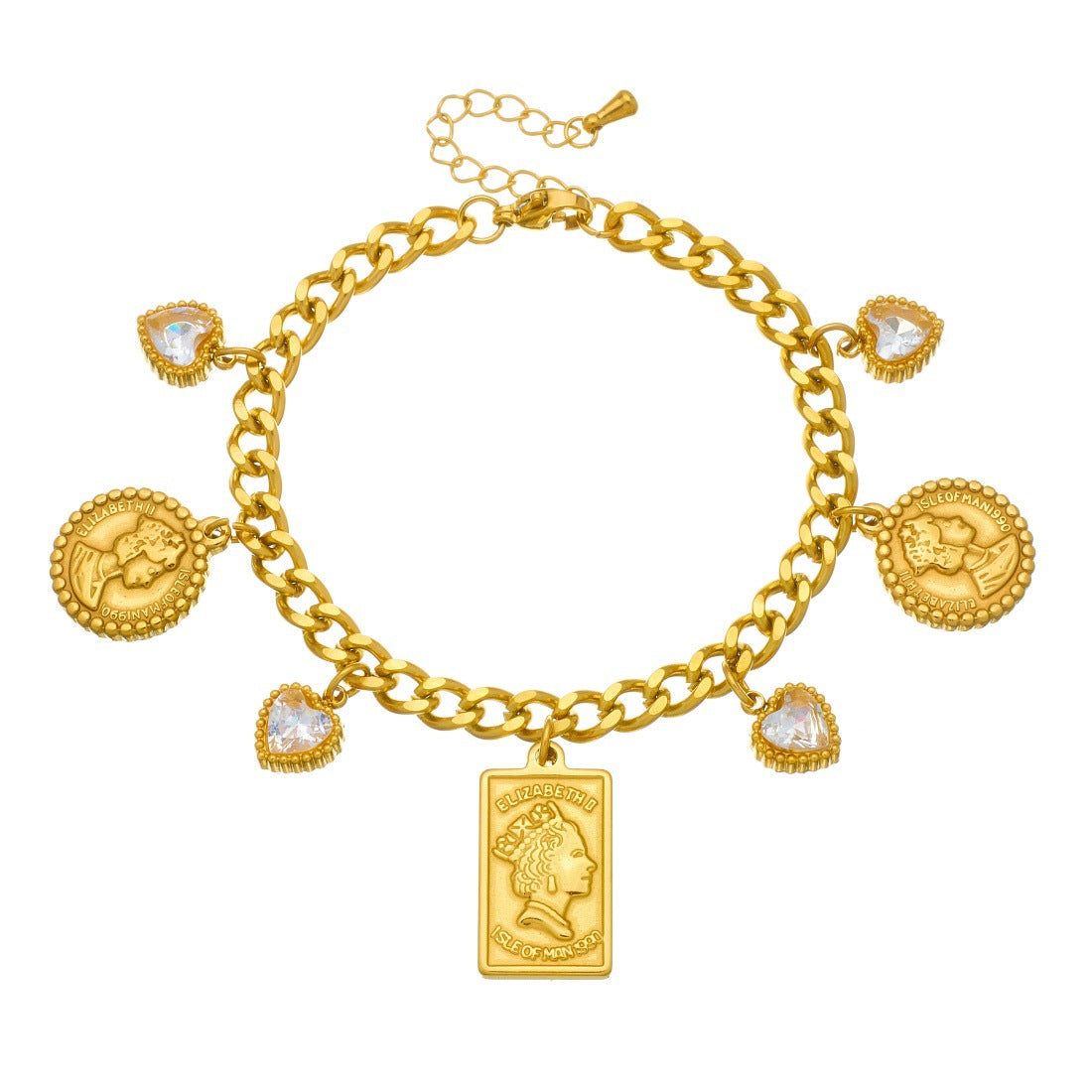 Elegant Gold Plated Geometric Round Square Heart Rhinestone Inlay Stainless Steel Pendant Bracelet