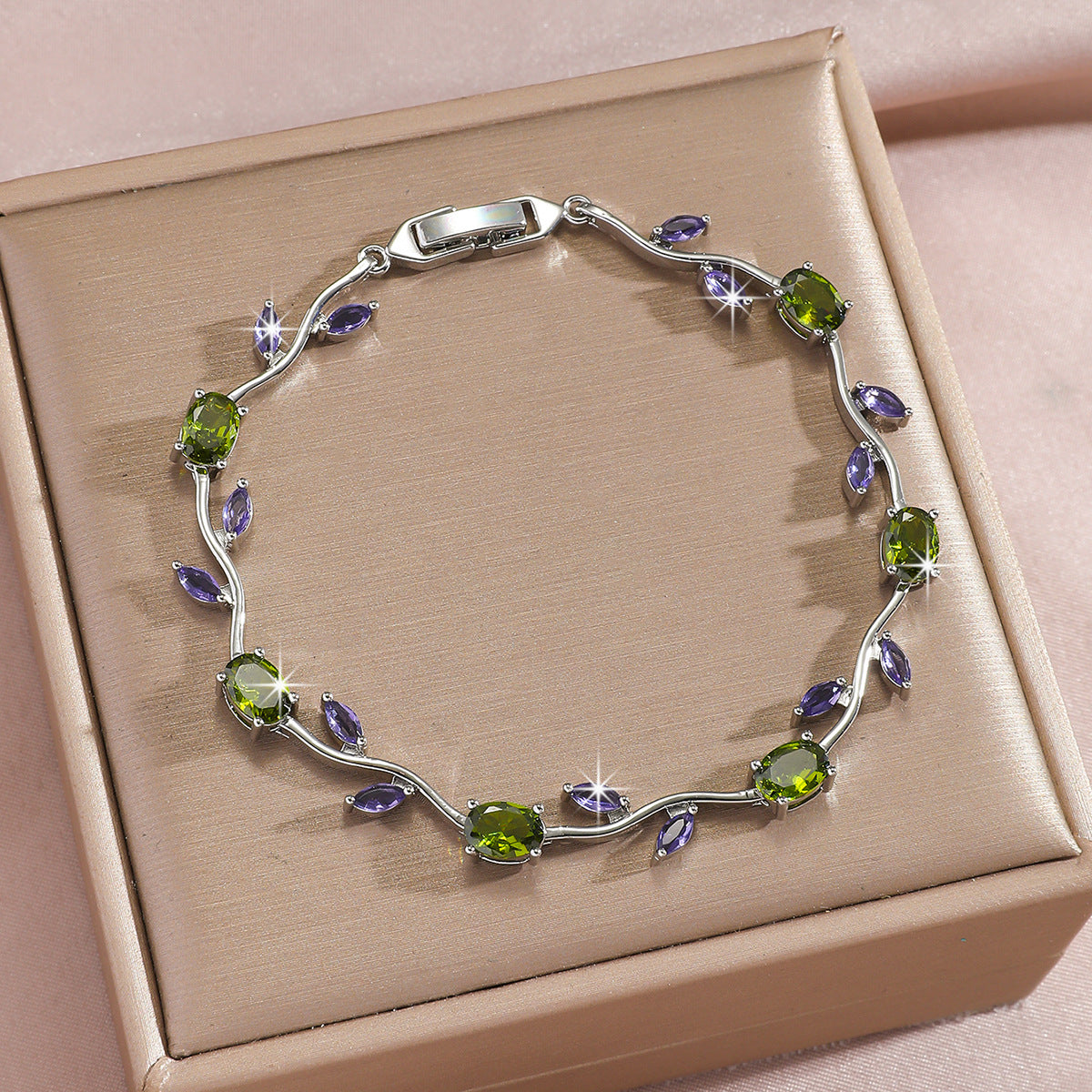 Luxury Gold Plated Brass Leaf Bracelet with Cubic Zirconia Inlay Unisex Floral Design