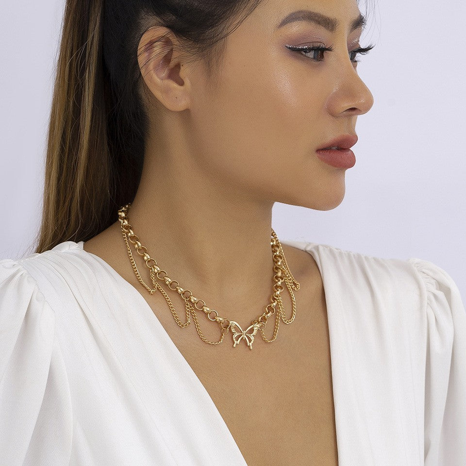 Punk Alloy Plated Butterfly Pendant Necklace with Cable Chain for Women