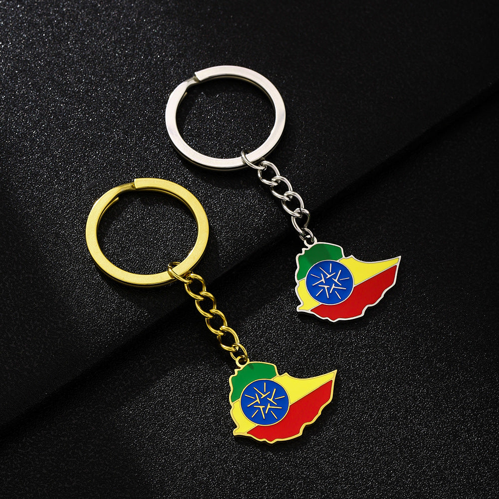 Llavero con la bandera de Etiopía en acero de titanio con diseño étnico, accesorio unisex