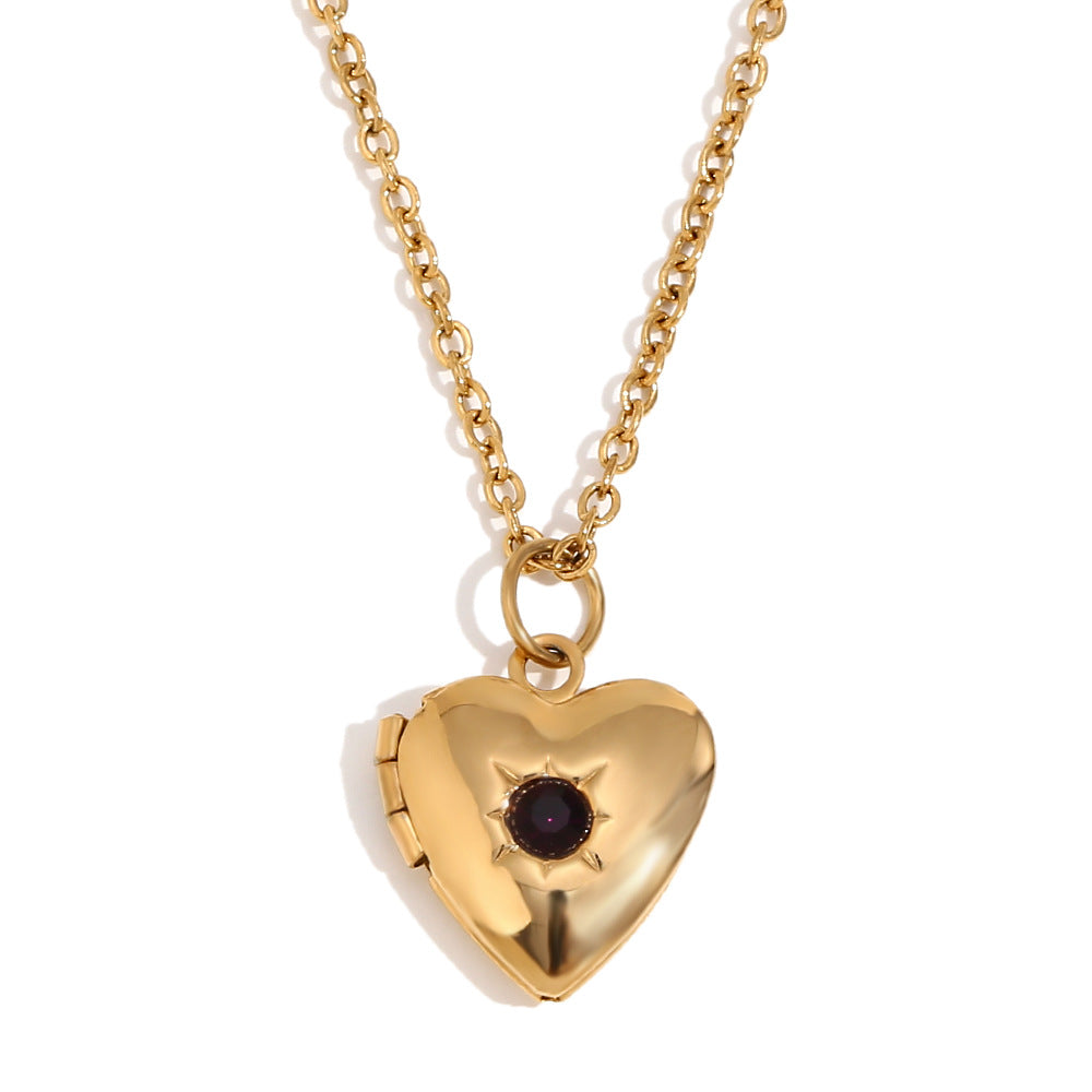 Minimalist Heart Locket Necklace with December Birthstone, Stainless Steel & Titanium Steel, 18K Gold Plated