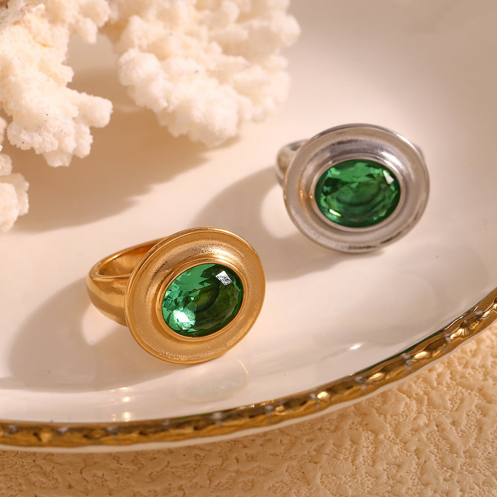 Vintage Style Oval-Shaped Stainless Steel Ring with 18K Gold Plating and Green Zircon Inlay for Women