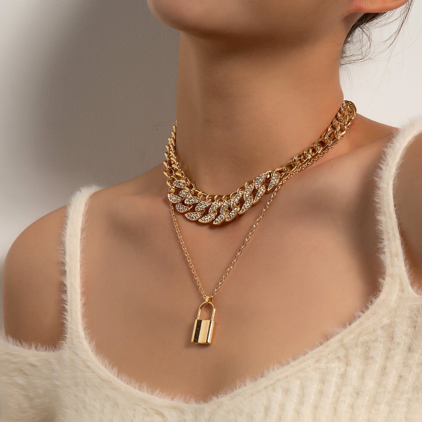 Geometric Alloy Lock Pendant Necklace for Women, Multi-Layer Rhinestone-Embedded Chain Jewelry, Elegant and Versatile