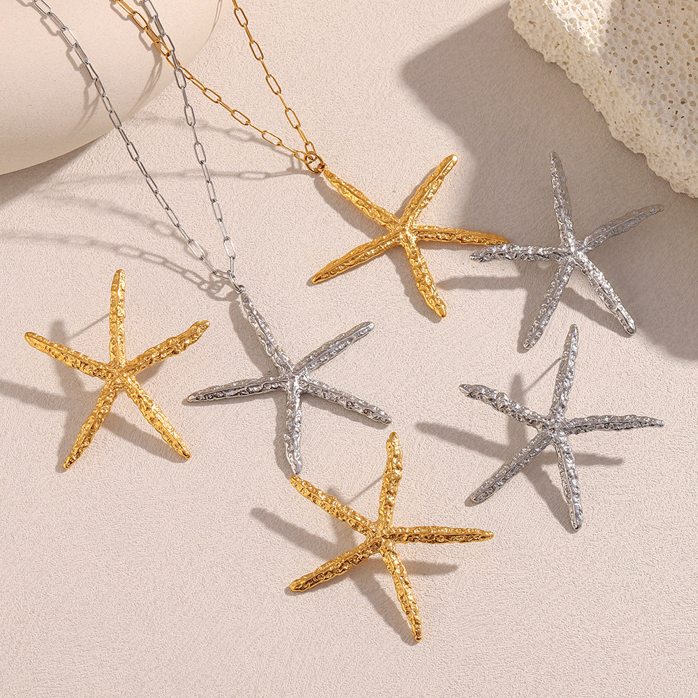 Fashionable Starfish-Shaped Stainless Steel Necklace and Earrings Set with 18K Gold Plating and Hammered Texture for Women